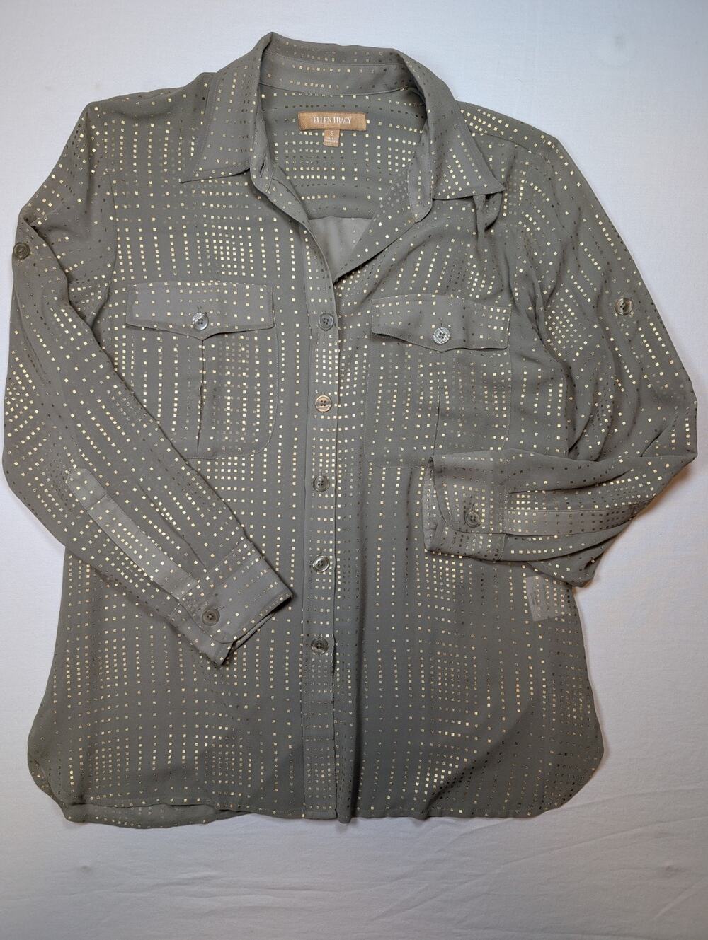 Ellen Tracy Sheer Olive Blouse Gold Metallic Dots Small Roll Tab Sleeves